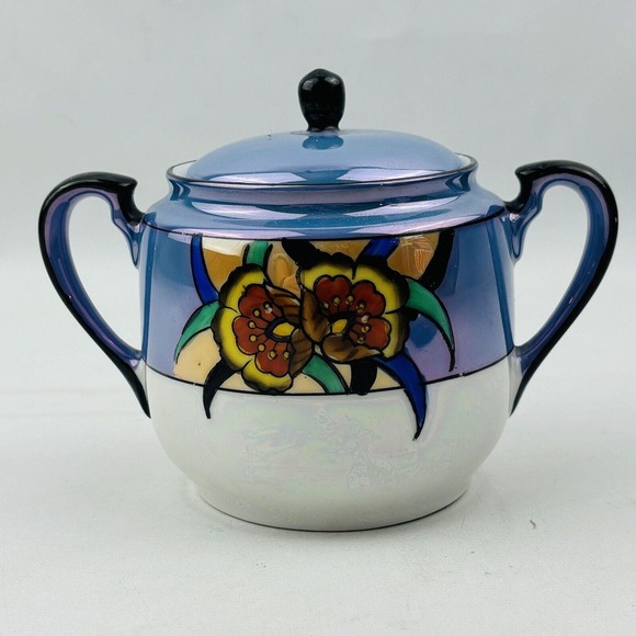 Vintage Noritake Floral Sugar Bowl Blue Lusterware Handpainted Morimura M Japan - Picture 2 of 9